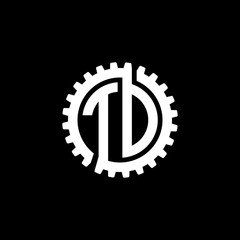 Initial letter T and D, T and O, TD, TO, interlock cogwheel gear monogram logo, white color on black background