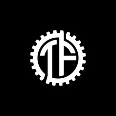 Initial letter T and F, TF, interlock cogwheel gear monogram logo, white color on black background