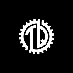 Initial letter T and Q, TQ, interlock cogwheel gear monogram logo, white color on black background