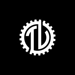 Initial letter T and U, T and V, TU, TV, interlock cogwheel gear monogram logo, white color on black background