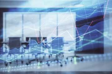 Double exposure of forex chart on conference room background. Concept of stock market analysis