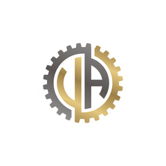 Initial letter U and A, V and A, UA, VA, interlock cogwheel gear logo, black gold on white background