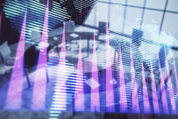 Double exposure of stock market graph with globe hologram on conference room background. Concept of international finance