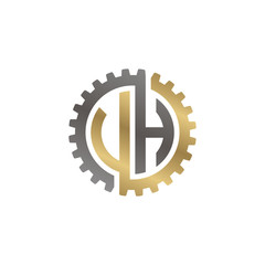 Initial letter U and H, V and H, UH, VH, interlock cogwheel gear logo, black gold on white background