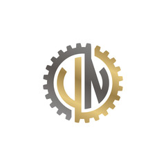 Initial letter U and N, V and N, UN, VN, interlock cogwheel gear logo, black gold on white background