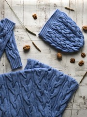 blue set of hand-knitted: hat, mittens, scarf with orange, dry rose, almonds, herbs. the view from the top