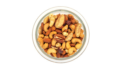 Baked mixed nuts in a bowl on a white background.
