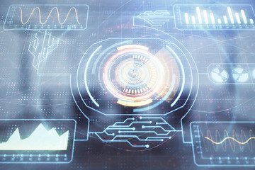 Double exposure of technlogy theme abstract hologram on conference room background. Concept of hightech