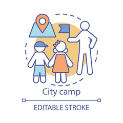 City camp concept icon. Summer urban children club, holiday pastime idea thin line illustration. Exploring town, visiting city landmarks. Vector isolated outline drawing. Editable stroke