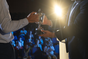 Businessman giving trophy to business male executive on stage in auditorium