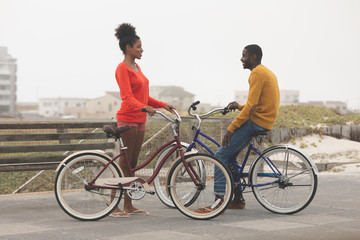Obraz premium Couple interacting with each other while holding bicycle