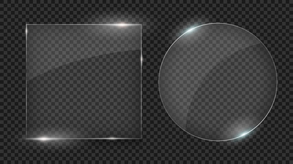 Glass plates, Set of different shapes, glass frames isolated on transparent background