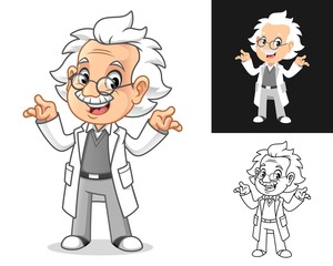 Fototapeta premium banner, cute, white, coat, poster, vector, clip, art, isolated, graphic, design, illustration, mascot, cartoon, character, coloring, colored, drawing, draw, line, outline, flat, professor, doctor, old