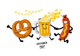 Oktoberfest- german beer festival in munich. Vintage food poster cartoon design.  Kawaii characters beer, pretzel, sausage dance. Fanny Template flat vector illustration for menu, card, print.