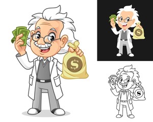 Happy Old Man Professor with Glasses Holding a Sack of Money Cartoon Character Design, Including Flat and Line Art Designs, Vector Illustration, in Isolated White Background.
