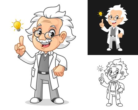 Thinking Old Man Professor with Glasses Get an Idea with Light Bulb Cartoon Character Design, Including Flat and Line Art Designs, Vector Illustration, in Isolated White Background.