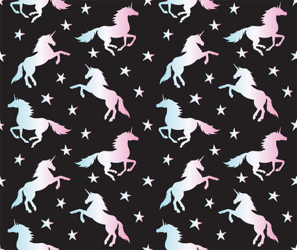 Vector seamless pattern of holographic unicorn silhouette isolated on black background