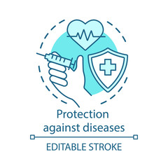 Medical protection against diseases concept icon. Healthy lifestyle, Vaccination idea thin line illustration. Shield with cross, syringe and heart vector isolated outline drawing. Editable stroke