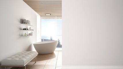Minimal luxuty bathroom with big panoramic window on a foreground wall, interior design architecture idea, concept with copy space, blank background