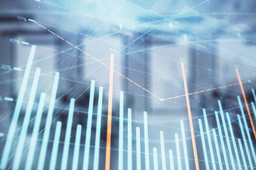 Stock market chart with trading desk bank office interior on background. Double exposure. Concept of financial analysis