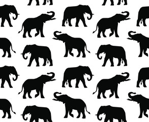 Vector seamless pattern of black elephant silhouette isolated on white background