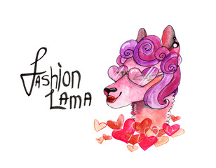 Fashion Lama in pink glasses with hearts. Funny watercolor sketch cartoon Alpaca. Cool motivational, inspirational quotes. Cute Lama isolated on white background, hand drawn illustration.