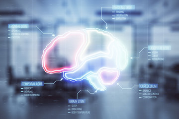 Brain icon hologram with office interior on background. Double exposure. Concept of education