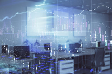 Stock market chart with trading desk bank office interior on background. Double exposure. Concept of financial analysis