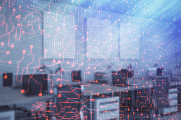 Technology theme drawing with office interior on background. Multi exposure. Concept of innovation