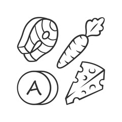 Vitamin A linear icon. Carrot, fish and cheese. Healthy food. Vitamins natural food source. Minerals, antioxidants. Thin line illustration. Contour symbol. Vector isolated drawing. Editable stroke