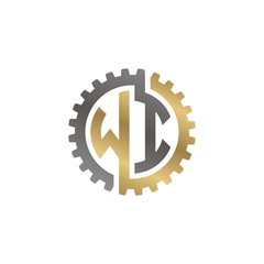 Initial letter W and I, WI, interlock cogwheel gear logo, black gold on white background