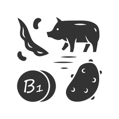 Vitamin B1 glyph icon. Potato, pork and green bean. Healthy eating. Thiamin natural food source. Silhouette symbol. Negative space. Vector isolated illustration