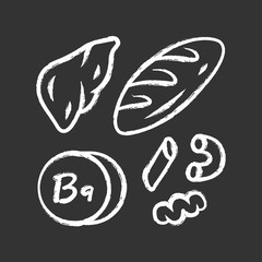 Fototapeta premium Vitamin B9 chalk icon. Bread, liver and pasta. Meat and flour products. Healthy eating. Folic acid natural food source. Proper nutrition. Minerals, antioxidant. Isolated vector chalkboard illustration