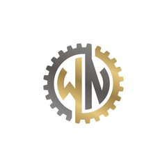 Initial letter W and N, WN, interlock cogwheel gear logo, black gold on white background