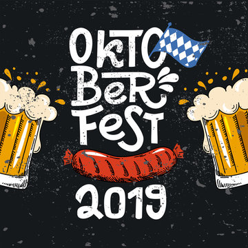 Oktoberfest 2019. Vector flat color illustration for German beer festival in Munich. Hand Drawn Lettering with picture of beer mug with foam, sausage and Bavarian flag. For poster, menu, postcard, fly