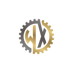 Initial letter W and X, WX, interlock cogwheel gear logo, black gold on white background