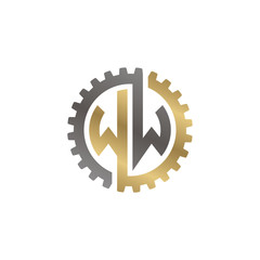 Initial letter W and W, WW, interlock cogwheel gear logo, black gold on white background