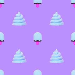 Seamless pattern of ice cream sundae and blue poop emoticons on purple background
