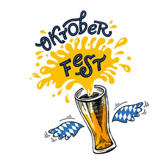 Oktoberfest. Vector flat color illustration for German beer festival in Munich. Hand Drawn Lettering with picture of beer mug with foam splash and wings with Bavarian flag. For poster, menu, flyer. 