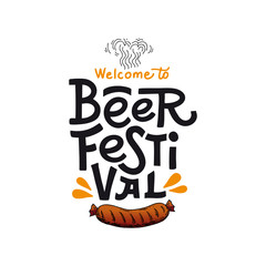 Emblem Welcome to Oktoberfest. Vector flat illustration for German beer festival in Munich. Hand Drawn Lettering with clipart of grill sausage. For poster, menu, postcard, flyer, badge. 