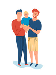 Same sex couple of handsome men, holding his little son.