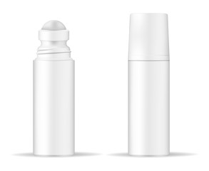 Body antiperspirant deodorant roll-on, open and closed blank white bottle with screw cap. Realistic vector mockup