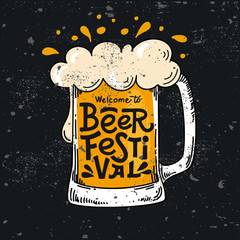 Bavarian Oktoberfest. Vector flat color text illustration for German beer festival in Munich. Hand Drawn Lettering in picture of beer mug with foam. Template poster, menu, flyer. Cracks can be removed