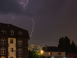 Beautiful lightning over city of Sochi. Russia 08.22.2019