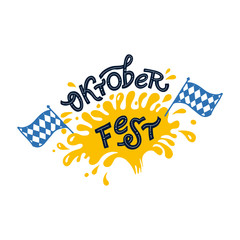Oktoberfest. Vector flat color illustration for German beer festival in Munich. Hand Drawn Lettering with splash of beer mug with foam and Bavarian flag. For poster, menu, postcard, flyer, badge. 