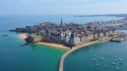 Beautiful aerial of Saint Malo, France with harbor, breakwater and pier.