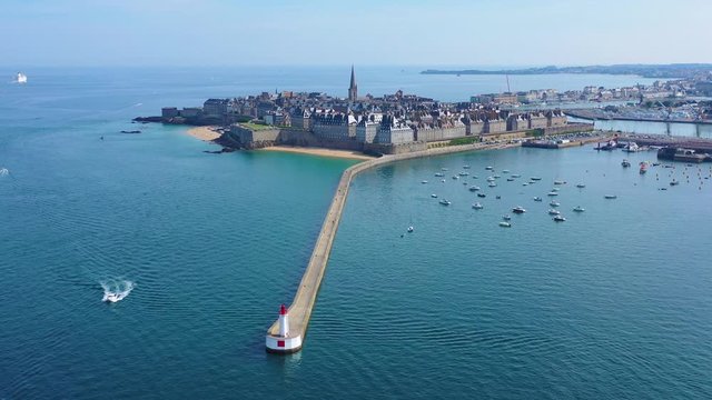 Beautiful aerial of Saint Malo, France with harbor, breakwater and pier.