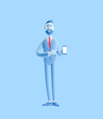 3d illustration. Portrait of a handsome businessman with mobile phone. Businessman Billy in blue color.