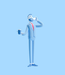 3d illustration. Businessman talking on the phone and holding coffee. Businessman Billy in blue color.