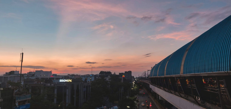 New Delhi, India - August 23 2019: A Delhi metro station during tranquil sunset.